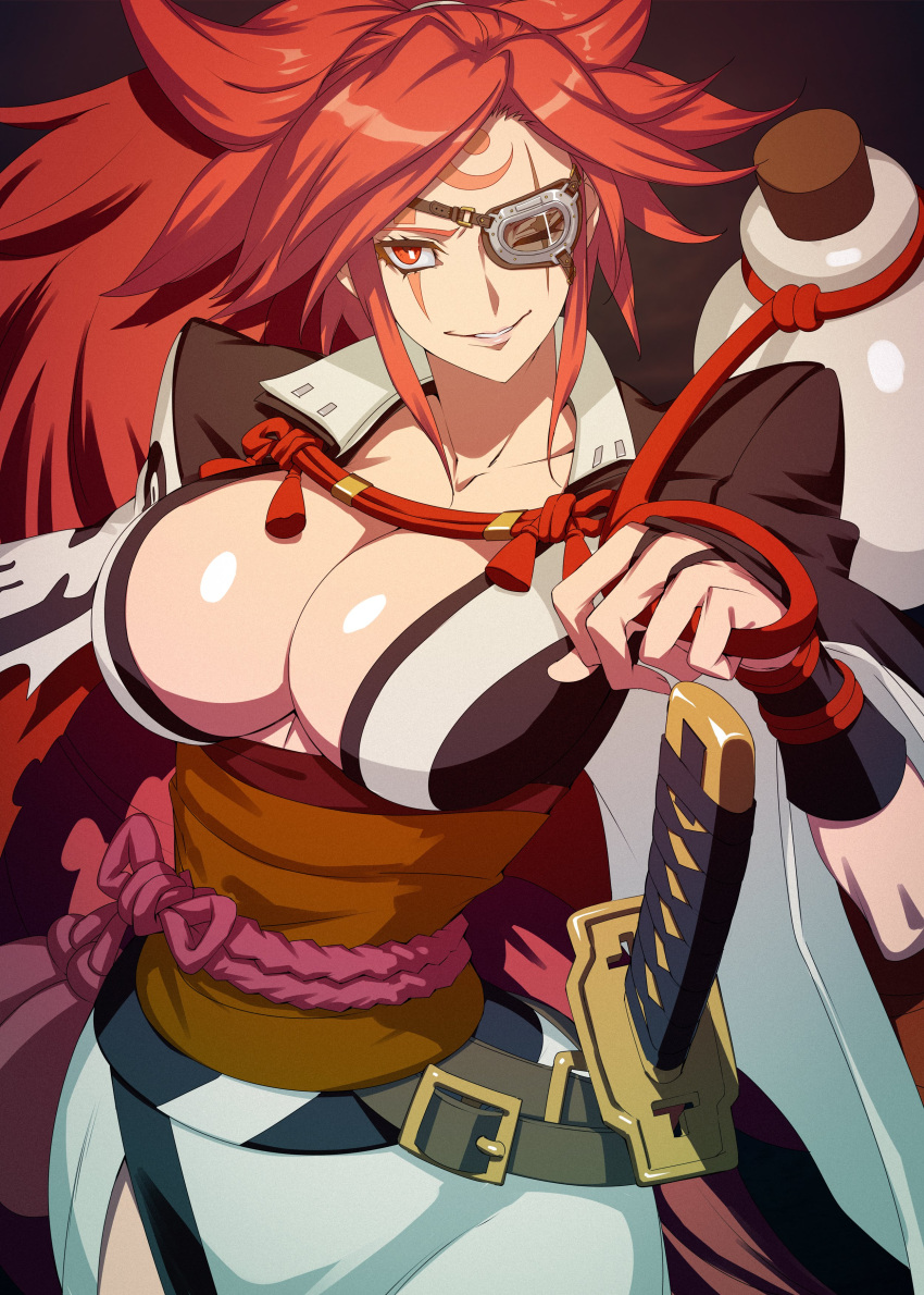 1girl absurdres baiken breasts cleavage eyepatch guilty_gear guilty_gear_strive highres ippo large_breasts long_hair looking_at_viewer pink_hair ponytail red_eyes simple_background solo weapon