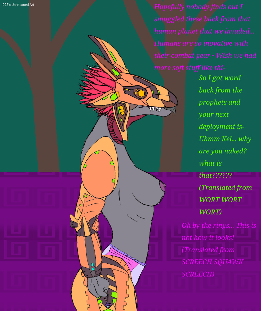 028-mendicantspire absurd_res alien anthro breasts clothed clothing dialogue diaper embarrassed english_text female halo_(series) hi_res humanoid kel_(028-mendicantspire) kig-yar microsoft partially_clothed scalie side_boob side_view t'vaoan text xbox_game_studios