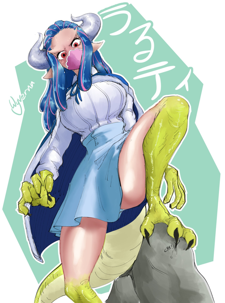 absurd_res animal_humanoid big_breasts blue_bottomwear blue_cape blue_clothing blue_hair blue_skirt bottomwear breasts cape clothing dinosaur dinosaur_humanoid eyelashes face_mask female green_background green_body green_scales hair hi_res horn horned_humanoid huge_breasts humanoid humanoid_pointy_ears long_hair looking_at_viewer mask one_piece ornithischian pachycephalosaurid pachycephalosaurus red_eyes reptile reptile_humanoid rock scales scalie scalie_humanoid shirt simple_background skirt solo tan_body tan_skin thick_thighs topwear ulti_(one_piece) white_background white_clothing white_shirt white_topwear wide_hips wyvernn