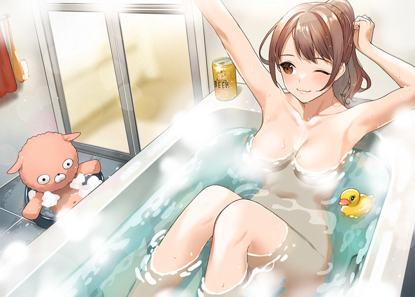 1girl alcohol arm_up armpits bare_legs bath bathing bathroom bathtub beer beer_can belly blush breasts brown_eyes brown_hair can closed_mouth convenient_censoring door doushimasho glass_door large_breasts legs navel nose_blush one_eye_closed original partially_submerged ponytail rubber_duck steam steam_censor stretching stuffed_animal stuffed_toy towel towel_rack water wet