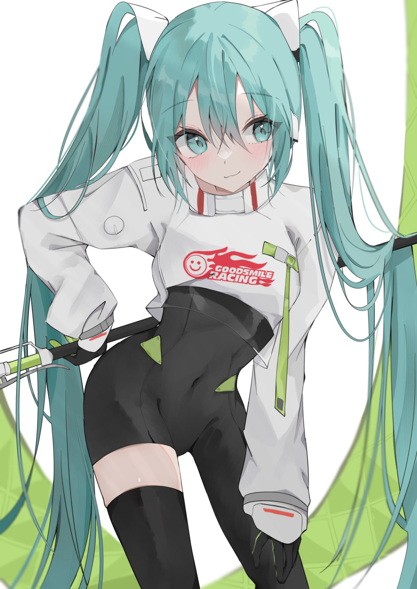 1girl aqua_eyes aqua_hair black_gloves black_thighhighs covered_navel gloves hatsune_miku highres long_hair long_sleeves looking_at_viewer racing_miku racing_miku_(2022) single_thighhigh smile solo thighhighs twintails very_long_hair vocaloid waimoniku