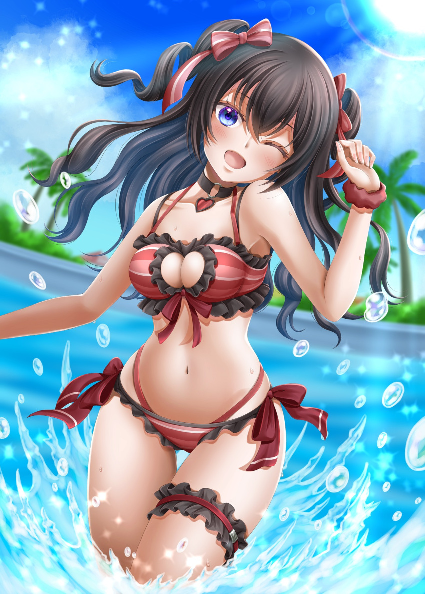 1girl ;d assault_lily bare_arms bare_shoulders bikini black_choker black_hair blue_eyes blue_sky blurry blurry_background bow breasts bridal_garter choker cleavage cleavage_cutout clothing_cutout cloud commentary_request cowboy_shot day drill_hair fisheye frilled_bikini frills front-tie_bikini_top front-tie_top hair_between_eyes hair_bow hand_up heart heart_choker highres jewelry long_hair looking_at_viewer multi-strapped_bikini multi-strapped_bikini_bottom navel o-ring o-ring_choker official_alternate_costume one_eye_closed open_mouth outdoors palm_tree pendant pool red_bikini red_bow red_scrunchie scrunchie side-tie_bikini_bottom sky smile solo splashing standing stomach striped striped_bikini striped_bow sun sunlight swimsuit thigh_gap tree tsutsuo_rashin twin_drills two_side_up wading water water_drop wavy_hair wet wrist_scrunchie yokota_haruna
