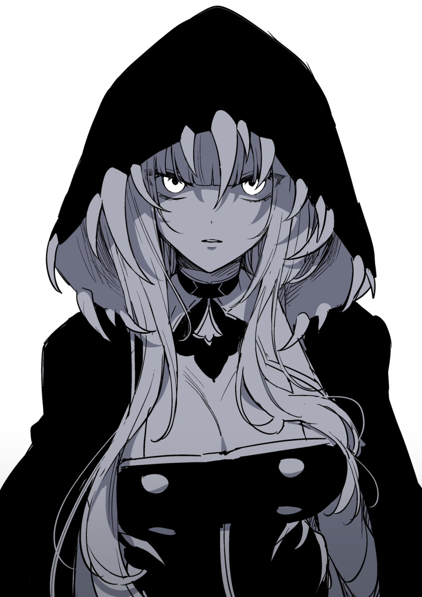 1girl aneco_(westsea1227) angry black_cape black_dress blunt_bangs breasts cape cleavage dress highres hololive hololive_english hood hood_up large_breasts long_hair looking_at_viewer monochrome mori_calliope mori_calliope_(1st_costume) sidelocks spiked_hood virtual_youtuber