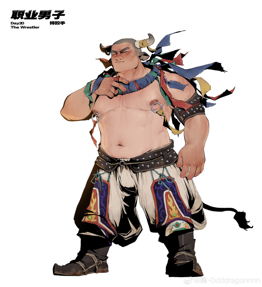 1boy absurdres animal_ears baggy_pants bara belly blush bulge buzz_cut closed_eyes cow_boy cow_ears cow_horns dragonpie facing_ahead frown full_body grey_hair highres horns huge_pectorals legs_apart male_focus mature_male muscular muscular_male nipple_piercing nipple_rings original pants piercing plump short_hair solo standing strongman_waist thick_eyebrows topless_male very_short_hair white_background wrestling_outfit