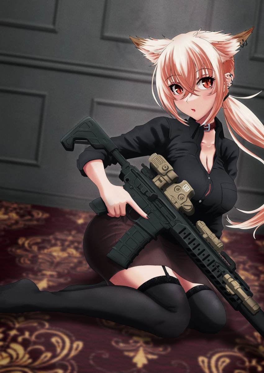 1girl animal_ear_fluff animal_ears black_shirt black_thighhighs breasts brown_collar brown_skirt collar collared_shirt commentary_request dausagi dress_shirt ear_piercing garter_straps gun hair_between_eyes highres holding holding_gun holding_weapon indoors large_breasts long_hair long_sleeves looking_at_viewer low_ponytail on_floor original parted_lips piercing pink_hair ponytail red_eyes shirt sidelocks skirt solo thighhighs very_long_hair weapon weapon_request