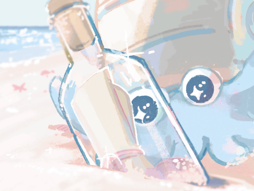 beach bottle draw_pann33 highres looking_at_viewer message_in_a_bottle no_humans note omanyte outdoors pokemon pokemon_(creature) solo water