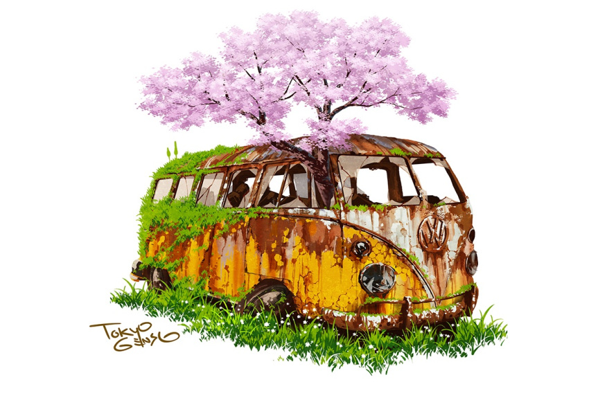 broken_window commentary_request flower grass motor_vehicle no_humans original pink_flower rust signature simple_background tokyogenso tree van volkswagen volkswagen_type_2 white_background white_flower wreckage