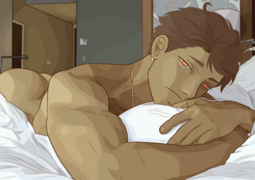 1boy alternate_body_size ass bara biceps bright_pupils brown_hair ear_piercing haikyuu!! highres indoors jewelry male_focus muscular muscular_male necklace oikawa_tooru_(haikyuu!!) on_bed orange_eyes photo-referenced piercing simonsuke upper_body