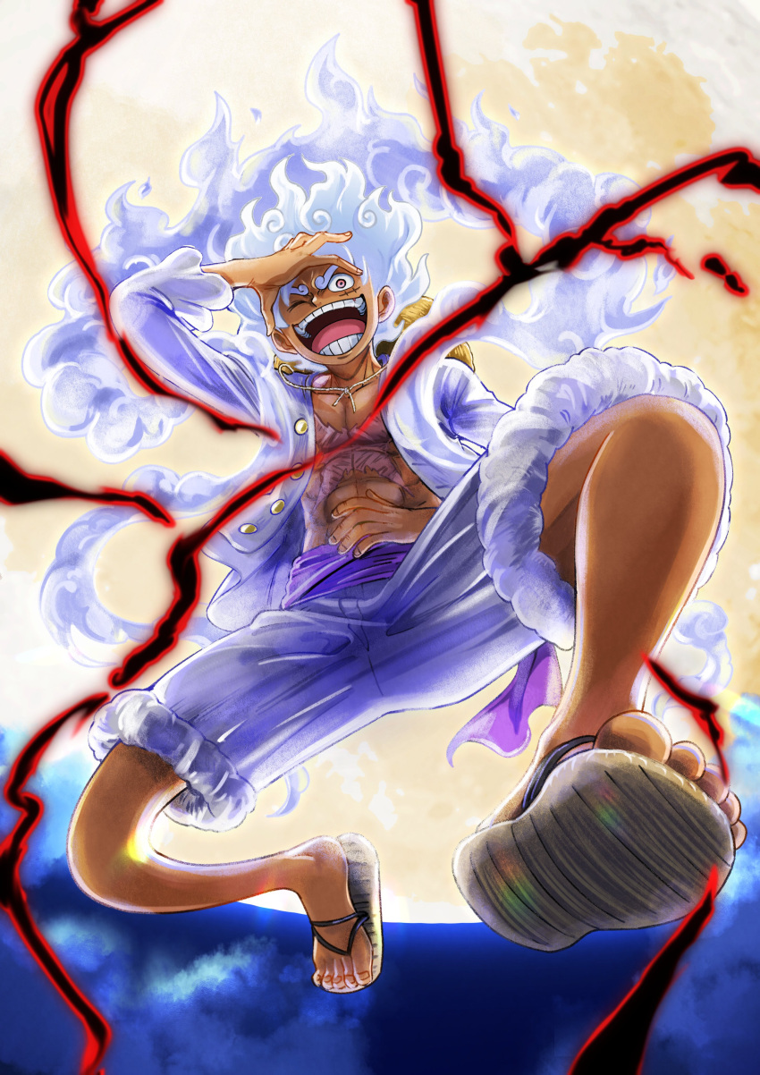 1boy :d absurdres commentary_request denim denim_shorts full_moon gear_fifth haki happy highres laughing monkey_d._luffy moon night one_eye_closed one_piece open_mouth sandals scar scar_on_chest scar_on_face shirt short_hair shorts smile solo tsukikage_oyama white_hair white_shirt white_shorts