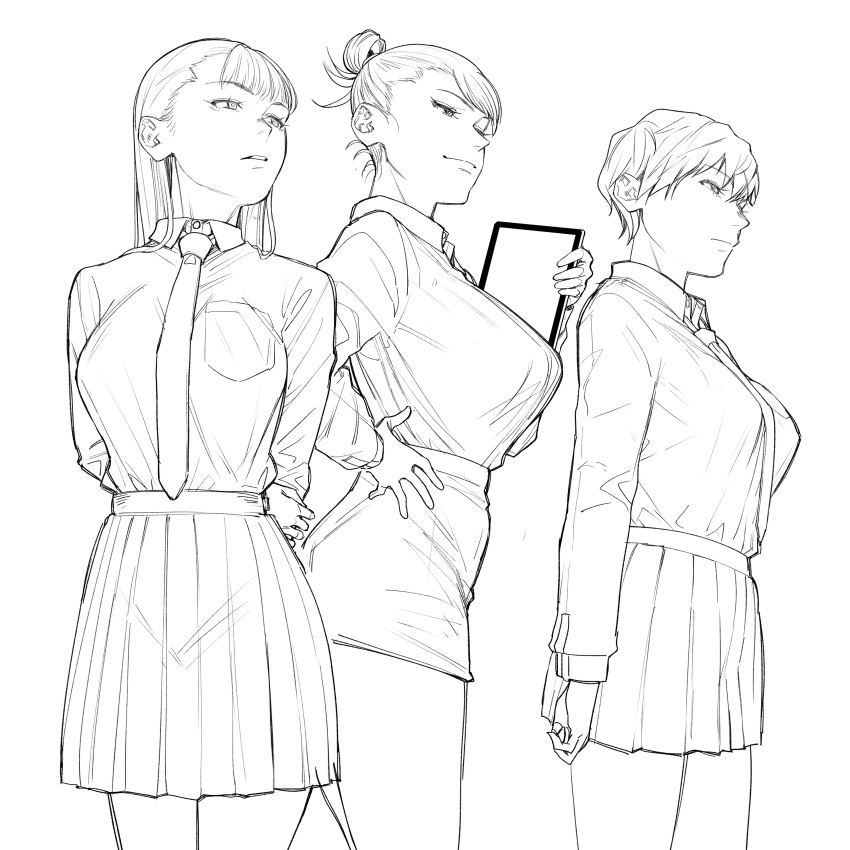 3girls absurdres arms_behind_back breasts hair_bun hand_on_own_hip highres holding holding_tablet_pc huge_breasts large_breasts lineart long_hair miniskirt monochrome multiple_girls necktie original pencil_skirt pleated_skirt setouchi_mao short_hair single_hair_bun skirt smile tablet_pc
