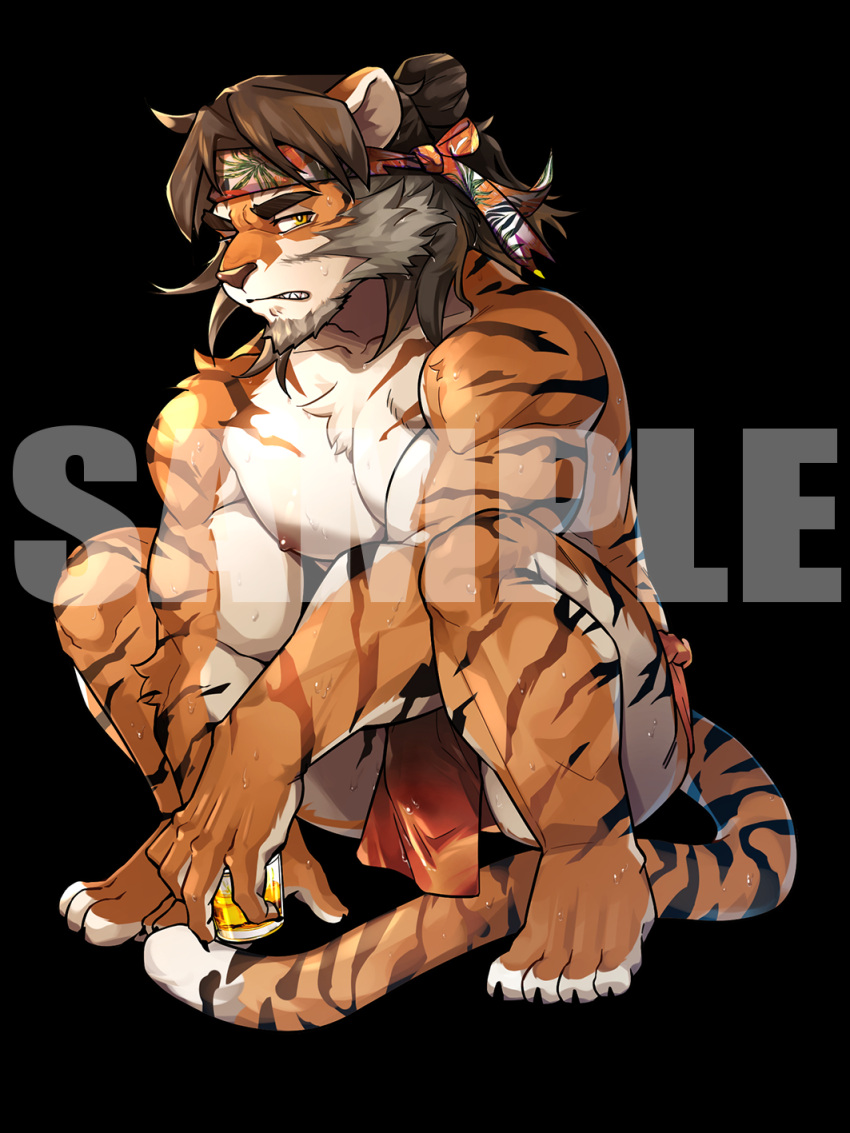 1boy abs acrylic_stand alcohol arknights bara black_background bulge clenched_teeth cup facial_hair full_body furry furry_male goatee headband highres holding holding_cup huai_tianpei_(arknights) large_pectorals loincloth looking_at_viewer male_focus mature_male muscular muscular_male mutton_chops nipples one_eye_closed orange_fur pectorals pelvic_curtain ppyong sample_watermark short_hair solo squatting stomach striped_fur sweat teeth thick_eyebrows tiger_boy topknot topless_male very_sweaty wine