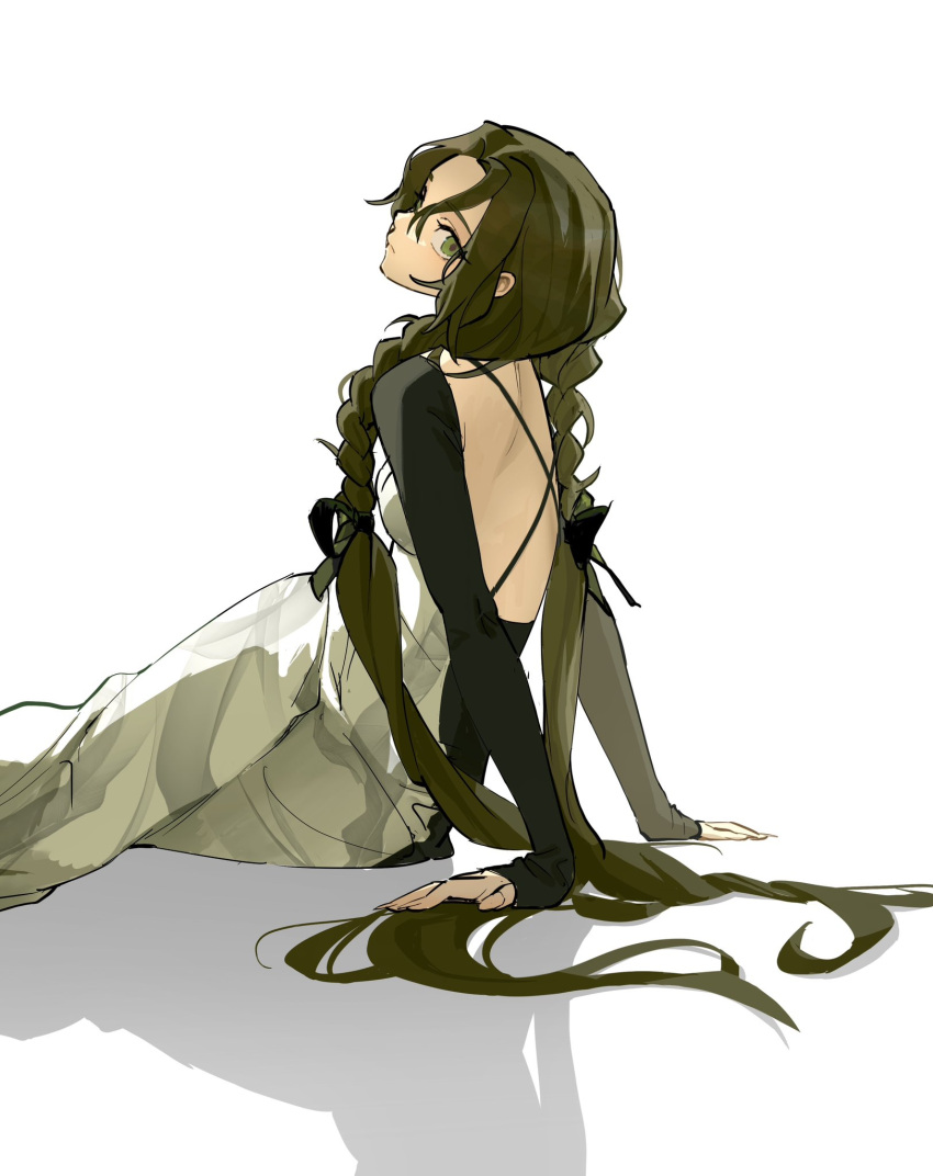 1girl backless_dress backless_outfit brown_hair closed_mouth dress fingernails green_eyes hair_between_eyes hand_on_ground highres kimura_731 long_hair long_sleeves looking_at_viewer looking_back original shadow sidelocks simple_background sitting solo white_background