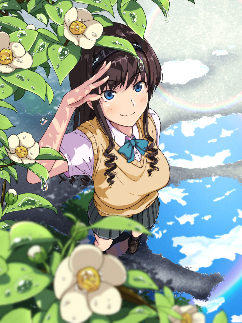 1girl absurdres amagami black_hair blue_bow blue_bowtie blue_eyes blue_sky blush bow bowtie breasts brown_footwear brown_hair cloud collared_shirt commentary_request day dew_drop drill_hair flower flower_request from_above grey_skirt hairband highres kibito_high_school_uniform large_breasts loafers long_hair looking_at_viewer morishima_haruka outdoors pleated_skirt puddle rainbow ranmaru_(jackpot_1123) reflection school_uniform shirt shoes short_sleeves sidelocks skirt sky smile solo sweater_vest water_drop white_shirt