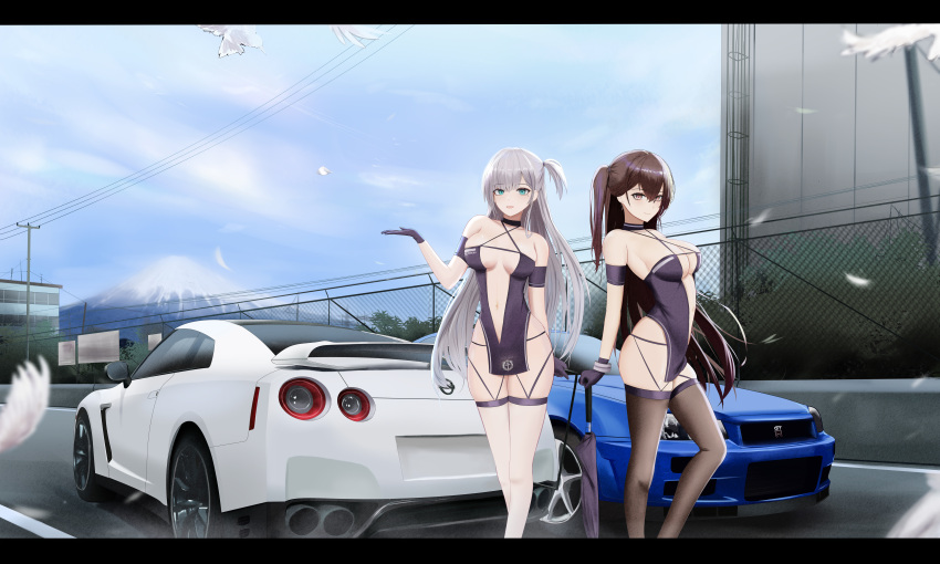 2girls absurdres aqua_eyes arched_back armband azur_lane backless_dress backless_outfit bare_shoulders bird black_choker black_dress black_garter_belt black_garter_straps black_gloves blue_sky blush breasts breasts_apart brown_hair brown_thighhighs building car center_opening chain-link_fence choker cleavage clothes_writing cloud cloudy_sky collarbone commentary_request company_name copyright_name country_connection criss-cross_halter day dress ear_piercing falling_feathers feet_out_of_frame fence fuji_speedway garter_belt garter_straps gloves hair_between_eyes halterneck highres holding holding_umbrella incredibly_absurdres kcar66t ladder letterboxed light_smile linea_alba long_hair looking_at_viewer microdress midriff mole mole_under_eye motor_vehicle mount_fuji mountain multiple_girls nissan nissan_gt-r nissan_skyline nissan_skyline_gt-r nissan_skyline_r34 no_bra official_alternate_costume official_alternate_hairstyle one_side_up outdoors pelvic_curtain piercing power_lines product_placement race_queen racetrack revealing_clothes revision road sakura_empire_(emblem) shiny_skin shoukaku_(azur_lane) shoukaku_(sororal_wings)_(azur_lane) skindentation sky sleeveless sleeveless_dress spaghetti_strap sports_car standing thighhighs umbrella utility_pole vehicle_focus very_long_hair white_hair white_thighhighs window zuikaku_(azur_lane) zuikaku_(the_wind's_true_name)_(azur_lane)