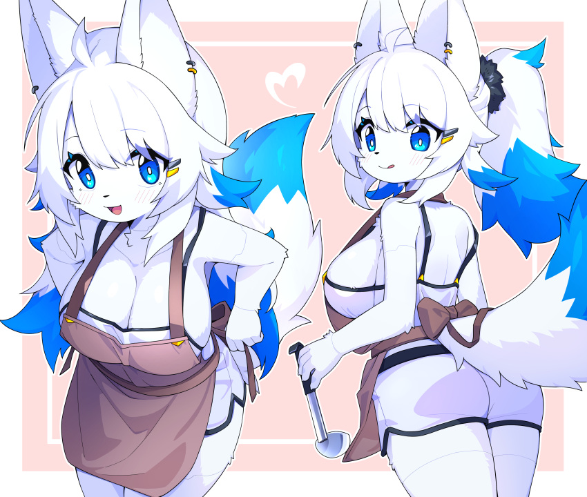 2023 absurd_res accessory ahoge anthro apron bella_(devil-vox) big_breasts blep blue_body blue_eyes blue_fur blue_hair blush blush_lines bottomwear breasts butt camisole canid canine canis cleavage clothed clothing devil-vox digital_media_(artwork) ear_piercing female female_anthro fur hair hair_accessory hairclip hi_res kemono kitchen_utensils ladle looking_at_viewer mammal multiple_images piercing ponytail shorts side_boob solo tongue tongue_out tools white_body white_fur white_hair wolf