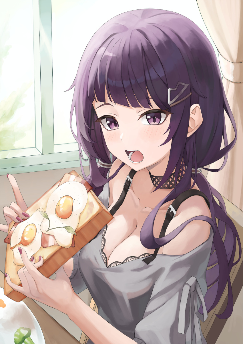 1girl absurdres bacon black_choker blunt_bangs blush breasts choker cleavage collarbone eating_hair fingernails food fried_egg grey_shirt highres holding holding_food idolmaster idolmaster_shiny_colors indoors long_hair looking_at_viewer medium_breasts nail_polish open_mouth perilpoint purple_eyes purple_hair shirt sitting solo tanaka_mamimi toast twintails very_long_hair