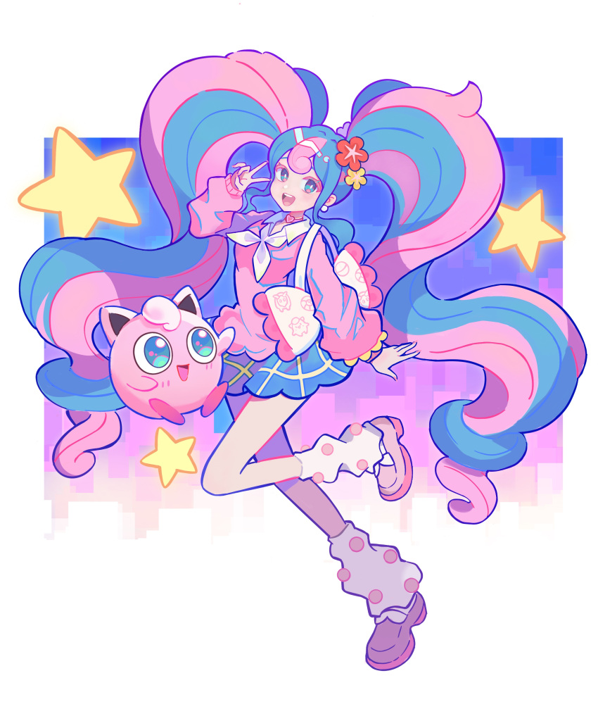 1girl absurdres bag blue_skirt bull_sprite_(pokemon) cardigan choker clefairy_sprite_(pokemon) earrings fairy_miku_(project_voltage) flower hair_flower hair_ornament hatsune_miku heart heart_choker highres jewelry jigglypuff kinjae leg_warmers long_hair looking_at_viewer multicolored_hair pink_cardigan pink_footwear pokemon pokemon_(creature) project_voltage scrunchie shoulder_bag skirt standing standing_on_one_leg star_(symbol) twintails two-tone_hair v very_long_hair vocaloid wrist_scrunchie