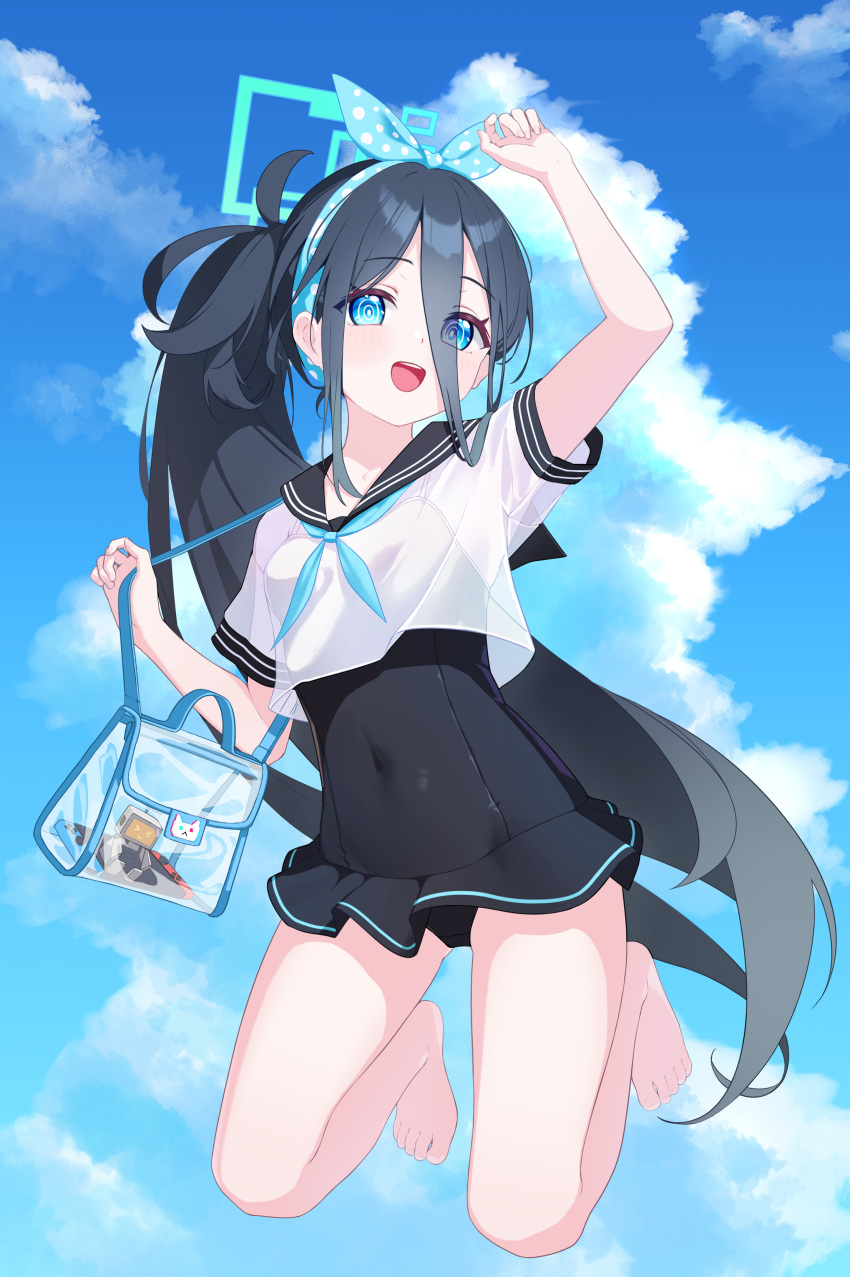 &lt;key&gt;_(robot)_(blue_archive) 1girl :d absurdres aris_(blue_archive) arm_up bag black_hair black_one-piece_swimsuit black_sailor_collar blue_archive blue_bow blue_eyes blue_neckerchief blue_sky bow bow_hairband breasts bright_pupils cloud covered_navel cropped_shirt day eyes_visible_through_hair feet green_halo hair_between_eyes hairband halo handheld_game_console highres jumping light_blush long_hair looking_at_viewer midair neckerchief one-piece_swimsuit polka_dot polka_dot_bow ponytail ringed_eyes sailor_collar school_uniform serafuku short_sleeves shoulder_bag sky small_breasts smile solo supersugar swimsuit toes transparent_bag very_long_hair white_pupils white_serafuku