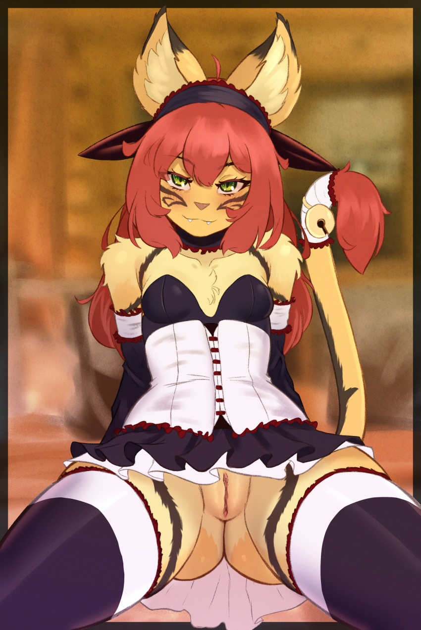 absurd_res accessory ahoge anthro armwear bare_shoulders bedroom_eyes bell blush blush_lines border breasts bustier butt_from_the_front clothed clothing collar collarbone cute_fangs cyberkaps detached_sleeves detailed_background digital_media_(artwork) domestic_cat eye_through_hair eyebrow_through_hair eyebrows felid feline felis female fur fur_markings furgonomics garter genitals hair hair_accessory hairband hi_res horn inner_ear_fluff inside legwear long_hair looking_at_viewer maid_uniform mammal markings narrowed_eyes no_underwear outside_border pink_nose pink_pussy pinup pose presenting presenting_pussy pussy red_hair seductive small_breasts smile solo stockings tail tail_accessory tail_bell tail_tuft thigh_highs translucent translucent_hair tuft uniform yawara_(kiu-wot) yellow_body yellow_fur