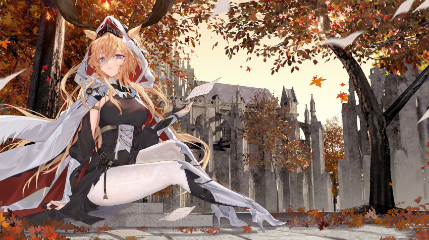 1girl absurdres animal_ears antlers antlers_through_hood architecture arknights arm_support armor autumn_leaves black_dress blonde_hair blue_eyes breasts cloak commentary deer_antlers deer_ears deer_girl dress ears_through_hood english_commentary full_body greaves hand_up high_heels highres hongbaise_raw hood hooded_cloak large_breasts leaf_pile long_hair looking_at_viewer outdoors pantyhose paper parted_lips stairs tree twisted_torso viviana_(arknights) wavy_hair white_cloak white_pantyhose