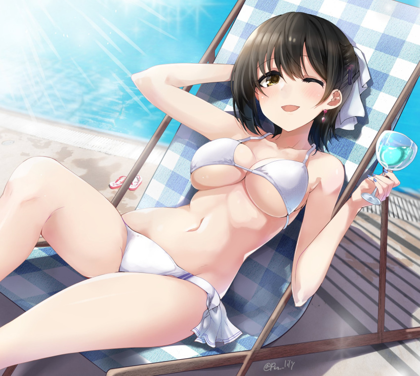 1girl arm_behind_head arm_up bare_shoulders bikini black_hair blue_nails blush bow breasts chair cleavage collarbone cup day dot_nose drink earrings glint hair_bow hair_ribbon hand_up highres holding holding_cup idolmaster idolmaster_cinderella_girls idolmaster_cinderella_girls_starlight_stage jewelry knee_up large_breasts looking_at_viewer lounge_chair nail_polish navel one_eye_closed open_mouth paopao pool poolside ribbon sandals sandals_removed shadow short_hair sitting smile solo sunlight swimsuit takafuji_kako twitter_username underboob water white_bikini white_ribbon yellow_eyes