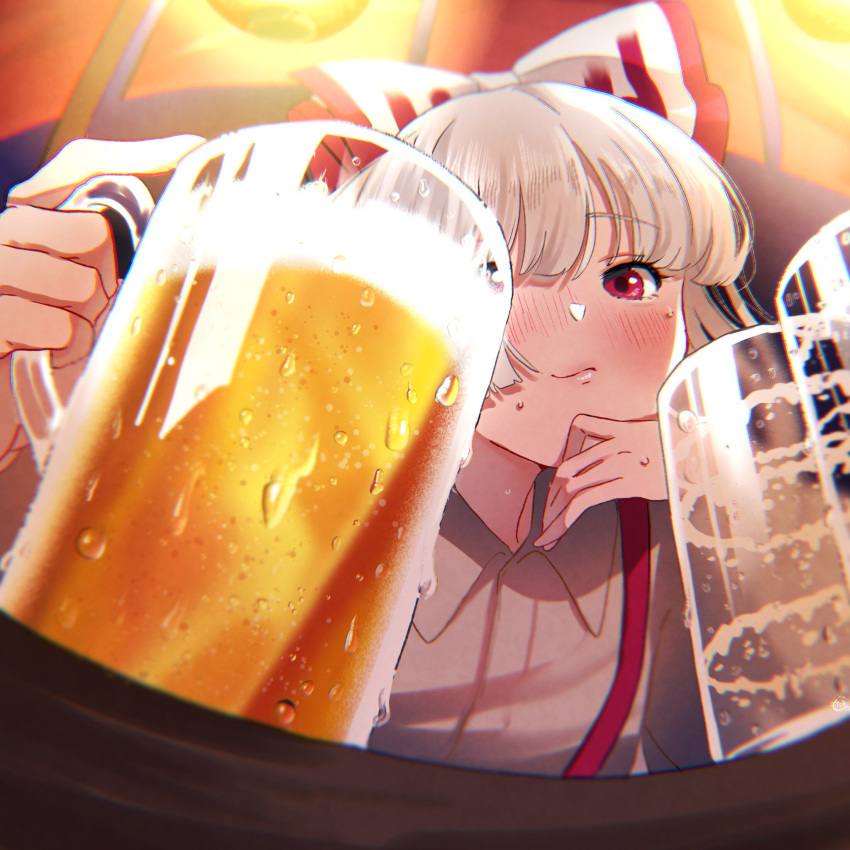 1girl beer_mug bow closed_mouth cup from_below fujiwara_no_mokou hair_bow highres izakaya jacket looking_at_viewer mokoiscat mug red_bow red_eyes solo touhou white_hair white_jacket