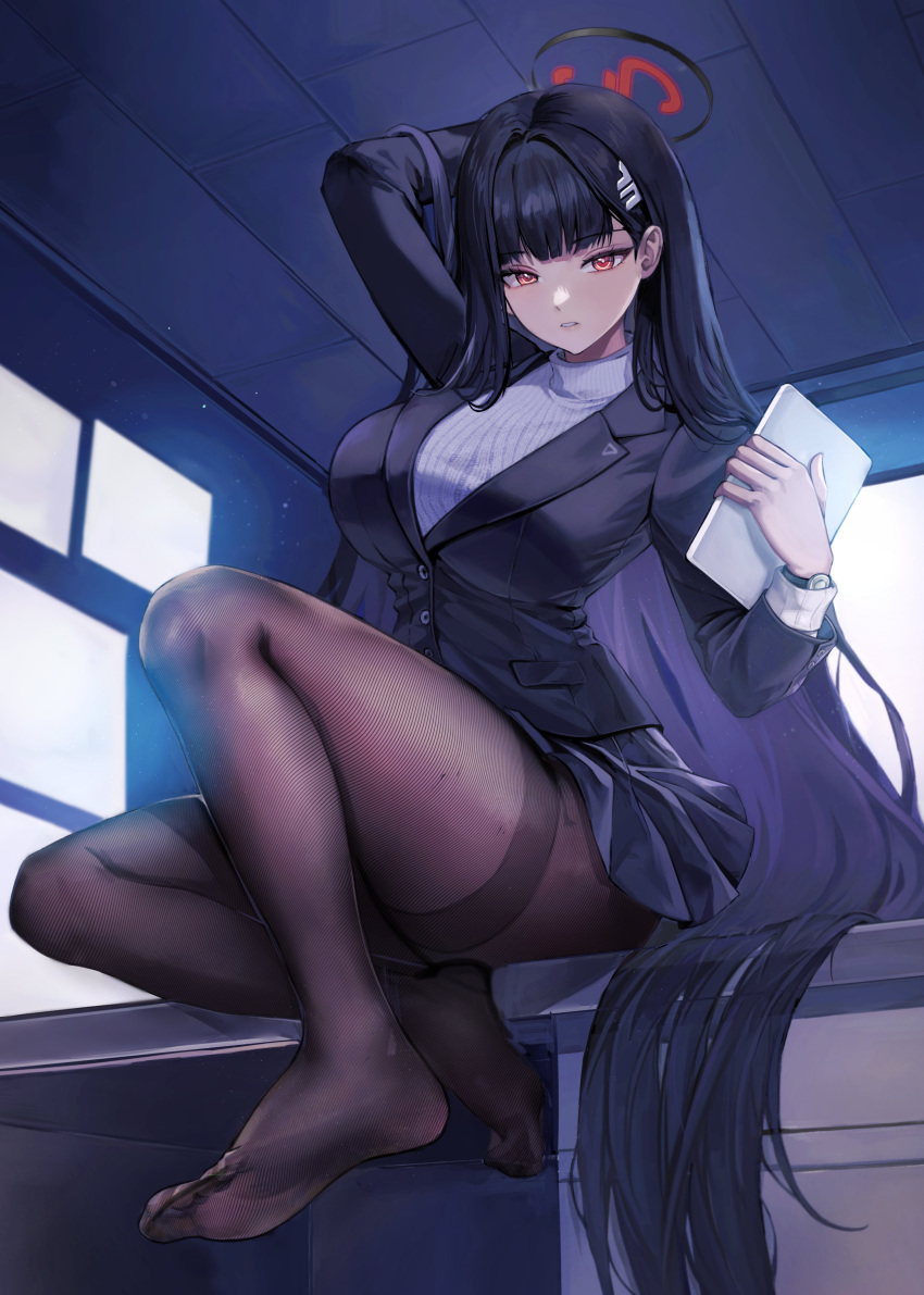 1girl absurdres arm_behind_head arm_up black_hair black_jacket black_skirt blazer blue_archive breasts brown_pantyhose buttons duplicate feet fine_fabric_emphasis hair_ornament hairclip halo highres indoors jacket large_breasts leg_up legs long_hair long_sleeves looking_at_viewer miniskirt no_shoes pantyhose pleated_skirt pong_0012 red_eyes ribbed_sweater rio_(blue_archive) screen_light sitting skirt soles solo sweater thighband_pantyhose thighs toes turtleneck turtleneck_sweater very_long_hair white_sweater wing_collar