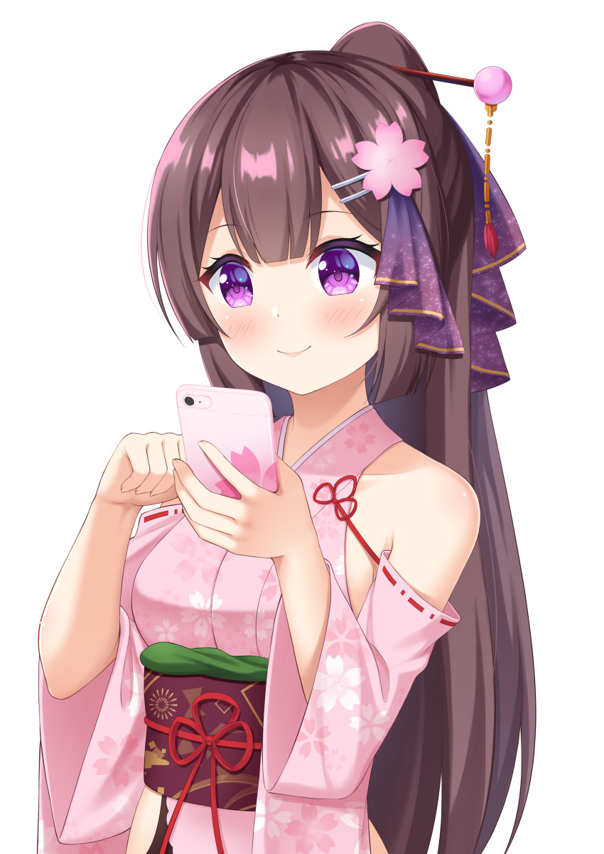 1girl 7fuji_06 absurdres blush brown_hair cellphone character_request commission detached_sleeves hair_ornament hair_stick highres hip_vent holding holding_phone indie_virtual_youtuber japanese_clothes kimono long_hair long_sleeves obi phone ponytail purple_eyes ribbon-trimmed_sleeves ribbon_trim sash skeb_commission sleeveless sleeveless_kimono smartphone smile upper_body very_long_hair virtual_youtuber wide_sleeves
