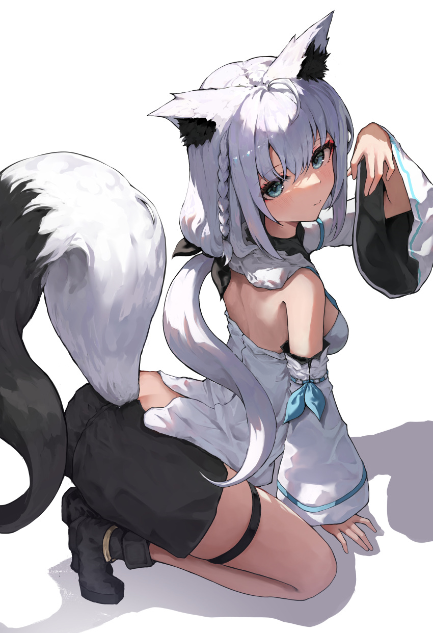 1girl absurdres ahoge animal_ears black_footwear black_shorts blush braid breasts detached_sleeves fox_ears fox_girl fox_tail green_eyes highres hololive hood hoodie looking_at_viewer medium_breasts medium_hair shirakami_fubuki shirakami_fubuki_(1st_costume) shiriaru_(jjonaeng) shoes shorts single_braid solo tail thigh_strap virtual_youtuber white_hair white_hoodie white_sleeves