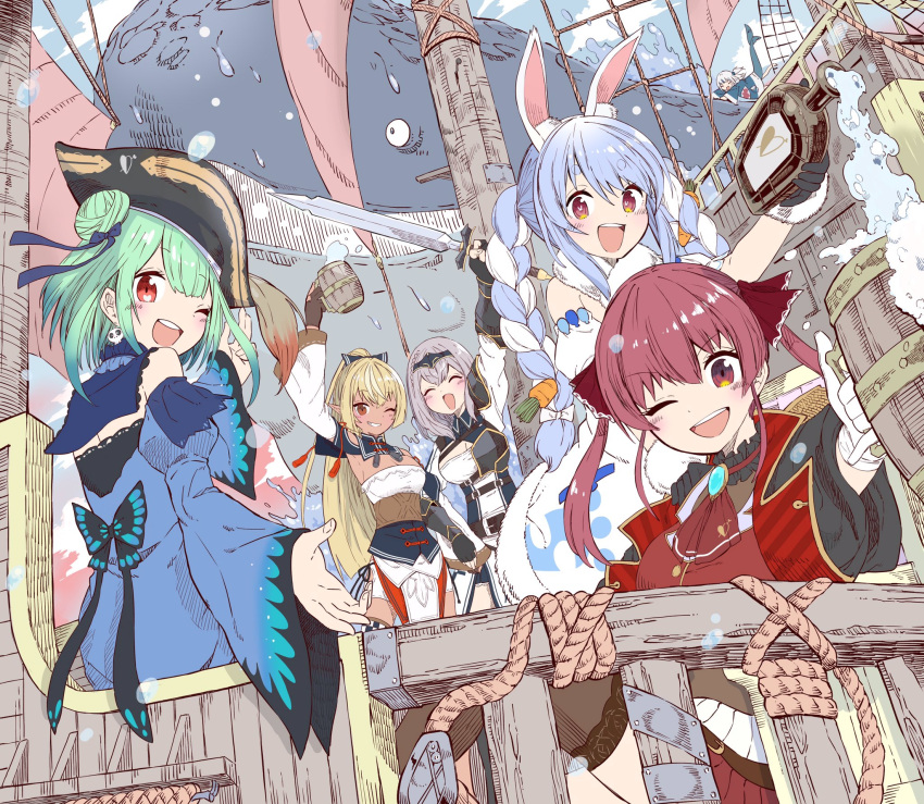 6+girls :d ;d ^_^ alcohol animal_ear_fluff animal_ears arm_up armor ascot beer beer_mug belt belt_buckle bicorne black_coat black_gloves black_headwear black_thighhighs blonde_hair blue_bow blue_dress blue_hair blue_hoodie blue_sleeves blush bow braid breasts brooch brown_belt buckle buttons carrot_hair_ornament center-flap_bangs chest_guard chest_harness cleavage cleavage_cutout closed_eyes clothing_cutout coat collared_dress commentary_request corset cup dark-skinned_female dark_skin detached_collar detached_sleeves don-chan_(usada_pekora) dress earrings elf eyelashes fingerless_gloves fins fish_tail flask food-themed_hair_ornament fur-trimmed_coat fur-trimmed_gloves fur_trim gawr_gura gawr_gura_(1st_costume) gloves gradient_hair green_hair grey_hair grin hair_between_eyes hair_bow hair_bun hair_ornament hair_ribbon hand_up harness hat heart high_ponytail highres holding holding_cup holding_sword holding_weapon hololive hololive_english hololive_fantasy hood hoodie houshou_marine houshou_marine_(1st_costume) jewelry lapels large_breasts leotard long_hair long_sleeves looking_at_viewer looking_back mast medium_breasts medium_hair mug multicolored_clothes multicolored_dress multicolored_hair multiple_girls net one_eye_closed open_clothes open_coat open_mouth outstretched_arm parted_bangs partially_fingerless_gloves pauldrons pelvic_curtain pirate_hat pointy_ears ponytail pouring puffy_detached_sleeves puffy_short_sleeves puffy_sleeves rabbit-shaped_pupils rabbit_ears railing red_ascot red_eyes red_hair red_ribbon red_shirt ribbon rope shark_tail shiranui_flare shiranui_flare_(1st_costume) shirogane_noel shirogane_noel_(1st_costume) shirt short_eyebrows short_sleeves shoulder_armor sidelocks single_braid single_hair_bun single_pauldron single_side_bun sitting skull_earrings smile strapless strapless_leotard sword symbol-shaped_pupils tail tassel teeth thick_eyebrows thighhighs tiara twin_braids twintails two-tone_hair upper_teeth_only uruha_rushia uruha_rushia_(1st_costume) usada_pekora usada_pekora_(1st_costume) v-shaped_eyebrows vambraces very_long_hair virtual_youtuber weapon whale white_bow white_coat white_dress white_gloves white_hair white_sleeves wide_sleeves wing_collar yurai0739