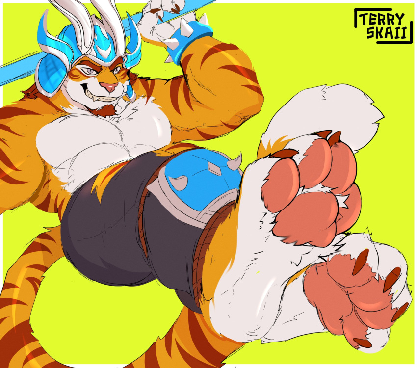 armband armor claws clothed clothing feet felid foot_fetish foot_focus headgear helmet hi_res holding_object male mammal pantherine paws showing_paws smile solo spiked_armband spikes stripes tail terryskaii_(artist) tiger toe_claws