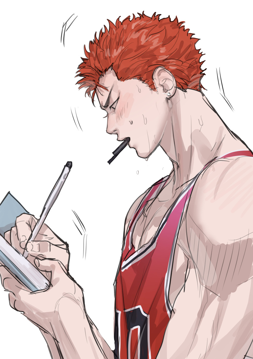 1boy absurdres basketball_jersey bishounen black_eyes blush book chamuring earrings highres holding holding_book holding_pen jewelry looking_down male_focus open_mouth pectoral_cleavage pectorals pen pen_in_mouth profile red_hair red_tank_top sakuragi_hanamichi short_hair slam_dunk_(series) solo stud_earrings tank_top toned toned_male upper_body white_background writing