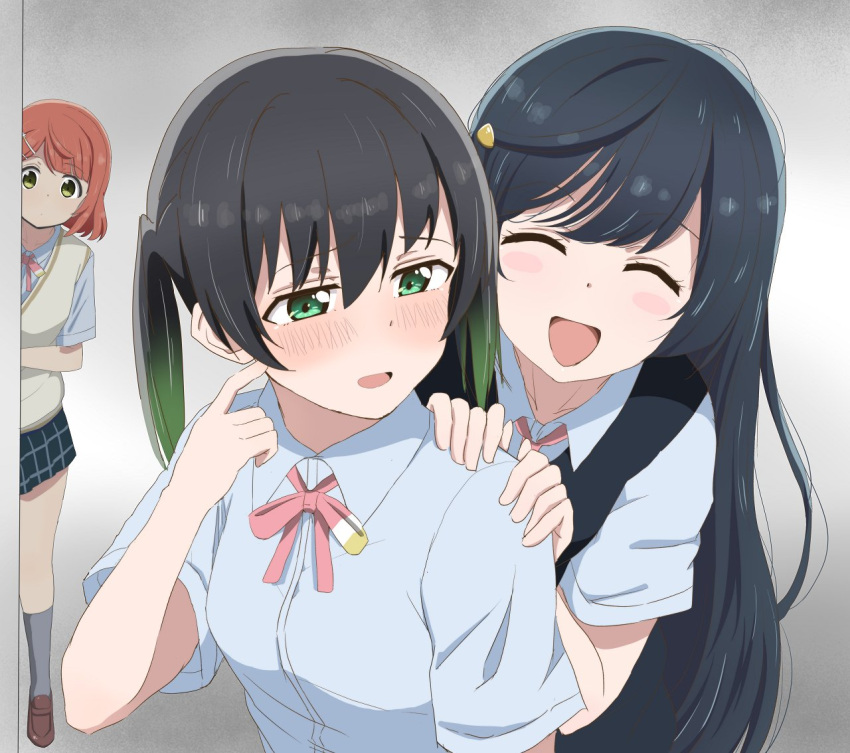 3girls black_hair black_vest blue_shirt blue_skirt blush brown_footwear closed_eyes collared_shirt finger_to_face green_eyes green_hair grey_socks hair_ornament hairclip hand_on_another's_shoulder loafers long_hair looking_at_another love_live! love_live!_nijigasaki_high_school_idol_club medium_hair multicolored_hair multiple_girls neck_ribbon nijigasaki_academy_school_uniform open_mouth pink_hair pink_ribbon plaid plaid_skirt ribbon school_uniform shirt shoes short_sleeves skirt socks streaked_hair summer_uniform takasaki_yuu tottsan twintails uehara_ayumu upper_body vest yellow_eyes yellow_vest yuuki_setsuna_(love_live!)