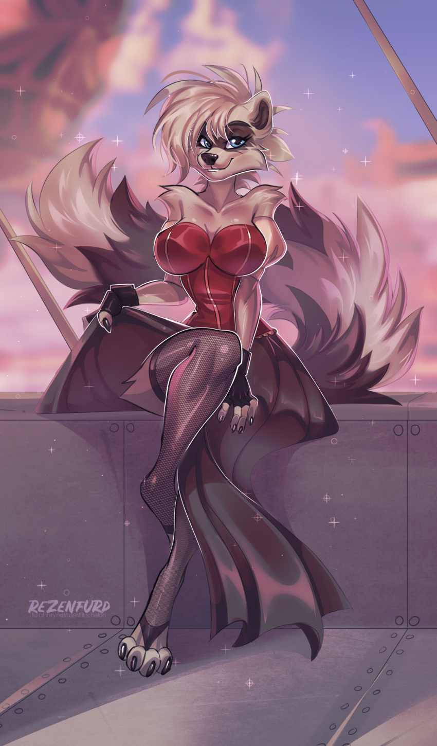 absurd_res anthro big_breasts big_tail blue_eyes breasts claws clothed clothing dress female fluffy fluffy_tail fully_clothed fur grey_body grey_fur grey_hair hair hi_res legwear looking_at_viewer mammal procyonid raccoon robin_raccoon smile solo stockings tail tlt_echelon toe_claws