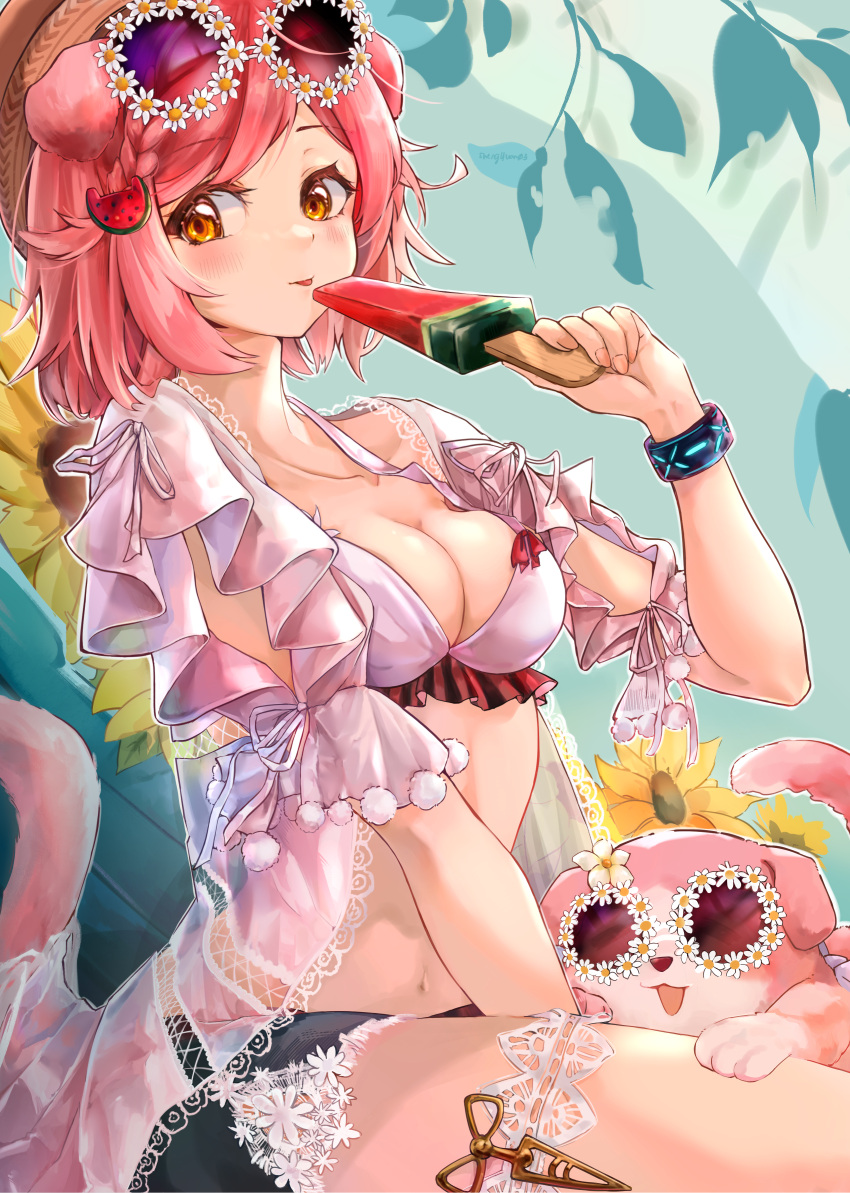 1girl :p absurdres animal animal_ears arknights bikini blue_shorts blush bracelet breasts cat cat_ears cat_girl cat_tail cleavage eyewear_on_head floppy_ears flower food food-themed_hair_ornament goldenglow_(arknights) goldenglow_(summer_flowers)_(arknights) hair_ornament highres holding holding_food holding_ice_cream ice_cream infection_monitor_(arknights) jewelry large_breasts looking_at_viewer navel pink_hair popsicle round_eyewear shengyuan_03 short_hair shorts sitting solo stomach sunglasses swimsuit tail tongue tongue_out watermelon_bar watermelon_hair_ornament white_bikini yellow_eyes yellow_flower