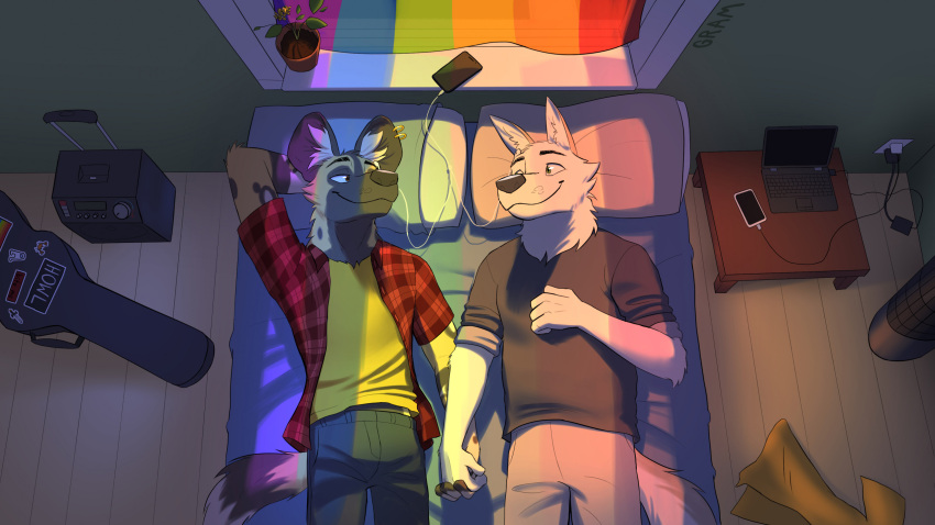 african_wild_dog anthro bed black_eyebrows black_nose bottomwear brown_body brown_fur brown_spots canid canine canis clothed clothing computer duo ear_piercing ear_ring earbuds eye_contact eyebrows flag fur furniture grambledeggs guitar_case hand_behind_head hand_holding headphones hi_res inside laptop lgbt_pride looking_at_another lying lying_on_bed male male/male mammal on_bed pants pattern_clothing pattern_shirt pattern_topwear piercing pillow plaid plaid_clothing plaid_shirt plaid_topwear plant plant_pot potted_plant pride_color_flag pride_colors rainbow_pride_colors ring_piercing romantic romantic_couple sharing_headphones shirt six-stripe_rainbow_pride_colors smile spots spotted_body spotted_fur sticker tan_body tan_fur topwear white_body white_fur white_inner_ear window wolf yellow_clothing yellow_topwear
