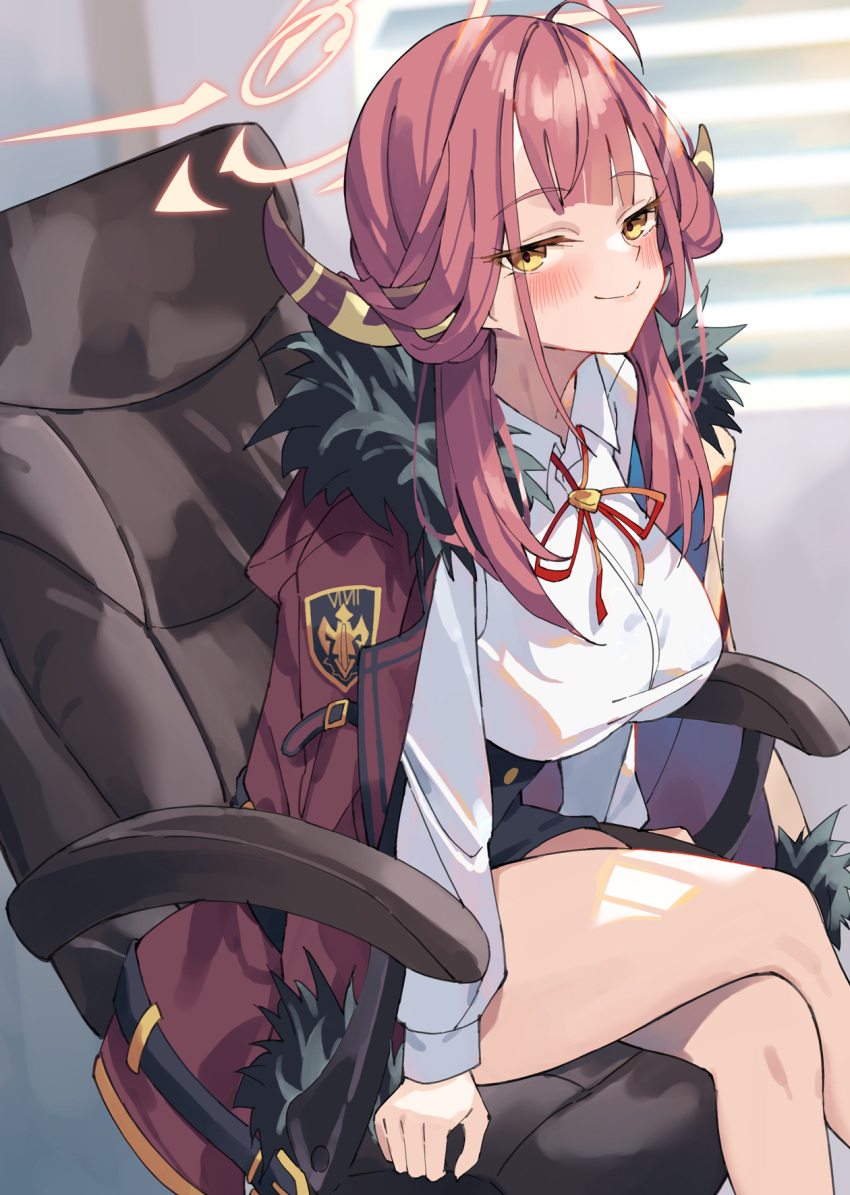1girl ahoge aru_(blue_archive) bare_legs blinds blue_archive blush breasts coat coat_on_shoulders crossed_legs demon_horns feet_out_of_frame fur-trimmed_coat fur_trim half-closed_eyes halo highres horns indoors large_breasts looking_at_viewer neck_ribbon on_chair pink_hair red_coat red_ribbon ribbon shirt sidelocks sitting smile solo unacchi_(nyusankin) white_shirt