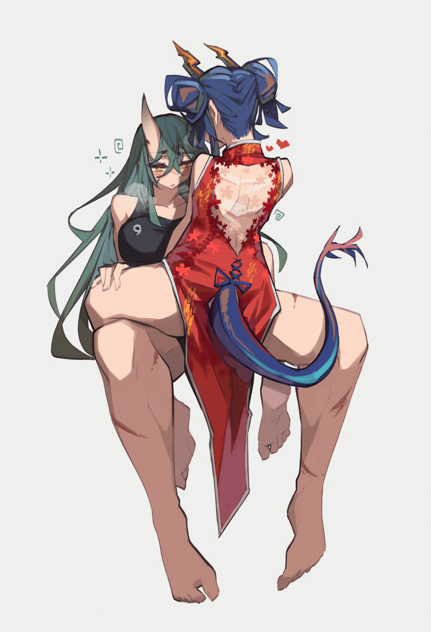 2girls absurdres arknights bare_shoulders barefoot blue_hair breasts ch'en_(ageless_afterglow)_(arknights) ch'en_(arknights) china_dress chinese_clothes commentary dragon_girl dragon_horns dragon_tail dress drunk english_commentary full_body green_hair grey_background hair_between_eyes heart highres horns hoshiguma_(arknights) invisible_chair large_breasts long_hair multiple_girls muscular muscular_female nape official_alternate_costume oni_horns red_dress scar see-through see-through_dress shoulder_blades simple_background single_horn sitting skin-covered_horns sleeveless sleeveless_dress tail togekk0 yellow_eyes yuri