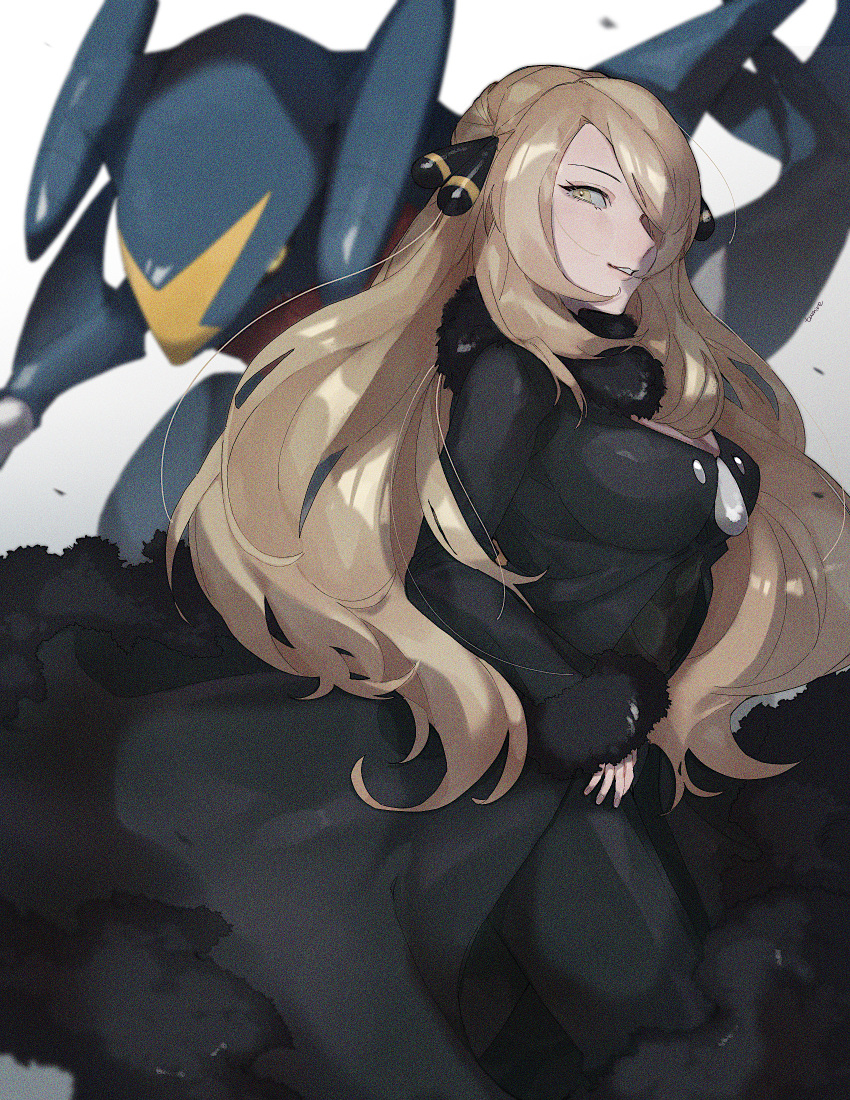 1girl alternate_breast_size black_coat black_pants blonde_hair blurry blurry_background breasts cleavage coat commentary_request cynthia_(pokemon) eyelashes fur-trimmed_coat fur_collar fur_trim garchomp hair_ornament highres jiru_misosiru large_breasts long_hair long_sleeves looking_to_the_side pants parted_lips pokemon pokemon_(creature) pokemon_(game) pokemon_dppt yellow_eyes