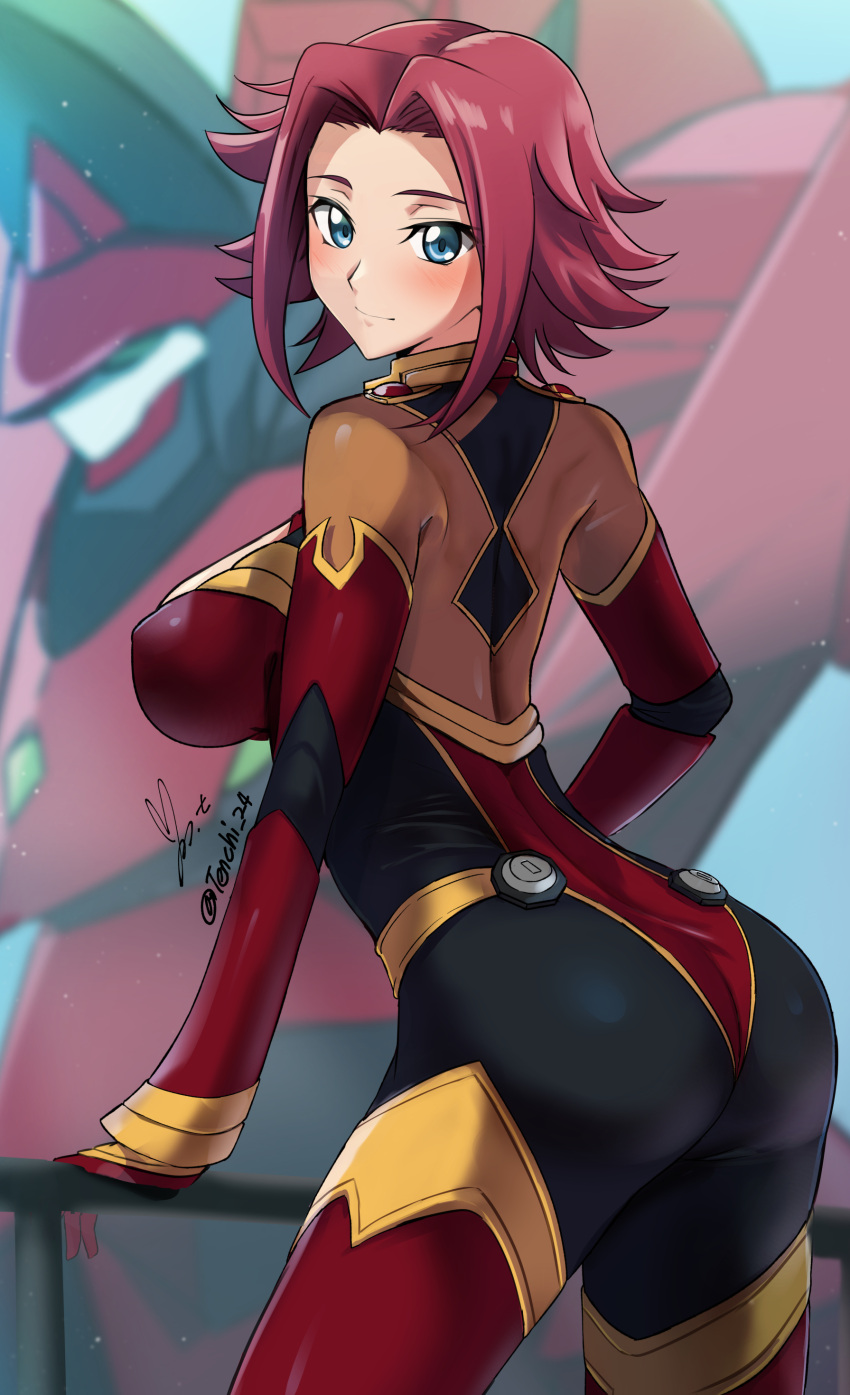 1girl absurdres ass blue_eyes blush bodysuit breasts closed_mouth code_geass commentary cowboy_shot flipped_hair guren_nishiki hair_intakes hand_on_railing highres kallen_stadtfeld knightmare_frame large_breasts looking_at_viewer md5_mismatch mecha median_furrow multicolored_bodysuit multicolored_clothes pilot_suit red_hair revision robot science_fiction short_hair signature skin_tight smile turning_head twitter_username yoo_tenchi