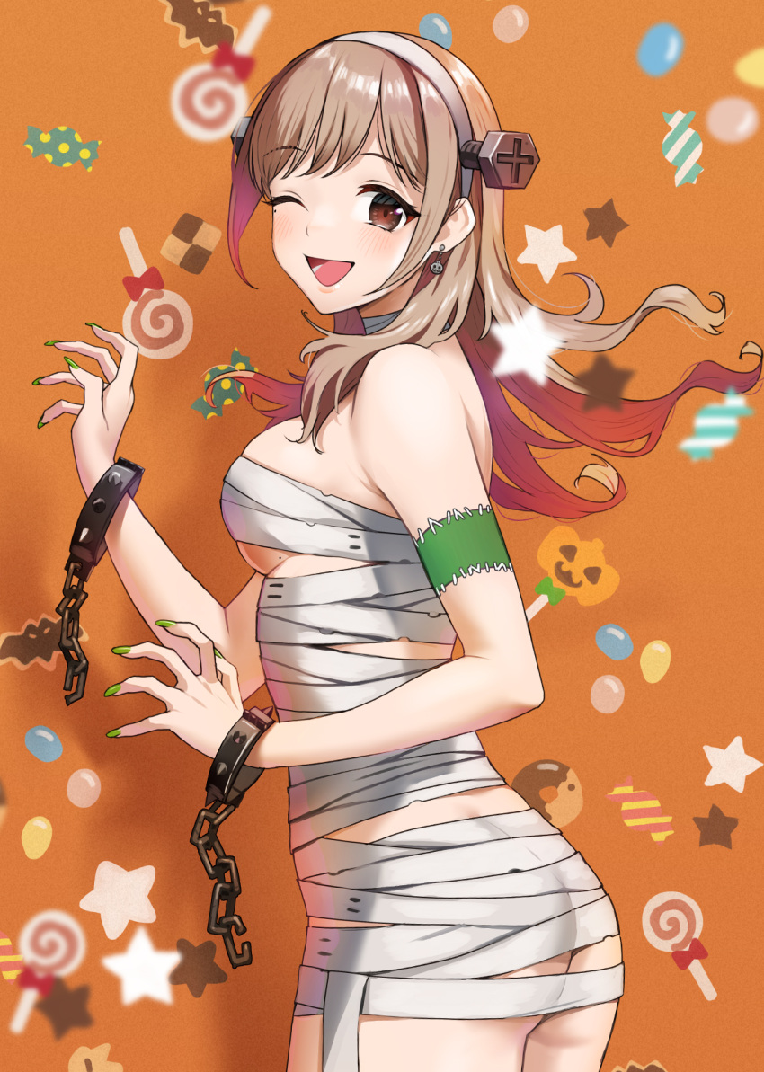 1girl akaori_umeka armband arms_up ass bandaged_chest bandaged_neck bandages bare_arms bare_shoulders blush bow breasts broken broken_chain broken_handcuffs brown_eyes brown_hair candy candy_wrapper chain colored_inner_hair cuffs doughnut doushimasho food green_armband green_nails hairband handcuffs headband highres jack-o'-lantern lollipop long_hair multicolored_hair mummy_costume nail_polish naked_bandage one_eye_closed open_mouth orange_background original pumpkin red_bow red_hair sarashi screw screw_hair_ornament solo star_(symbol) stitches swirl_lollipop wrapped_candy