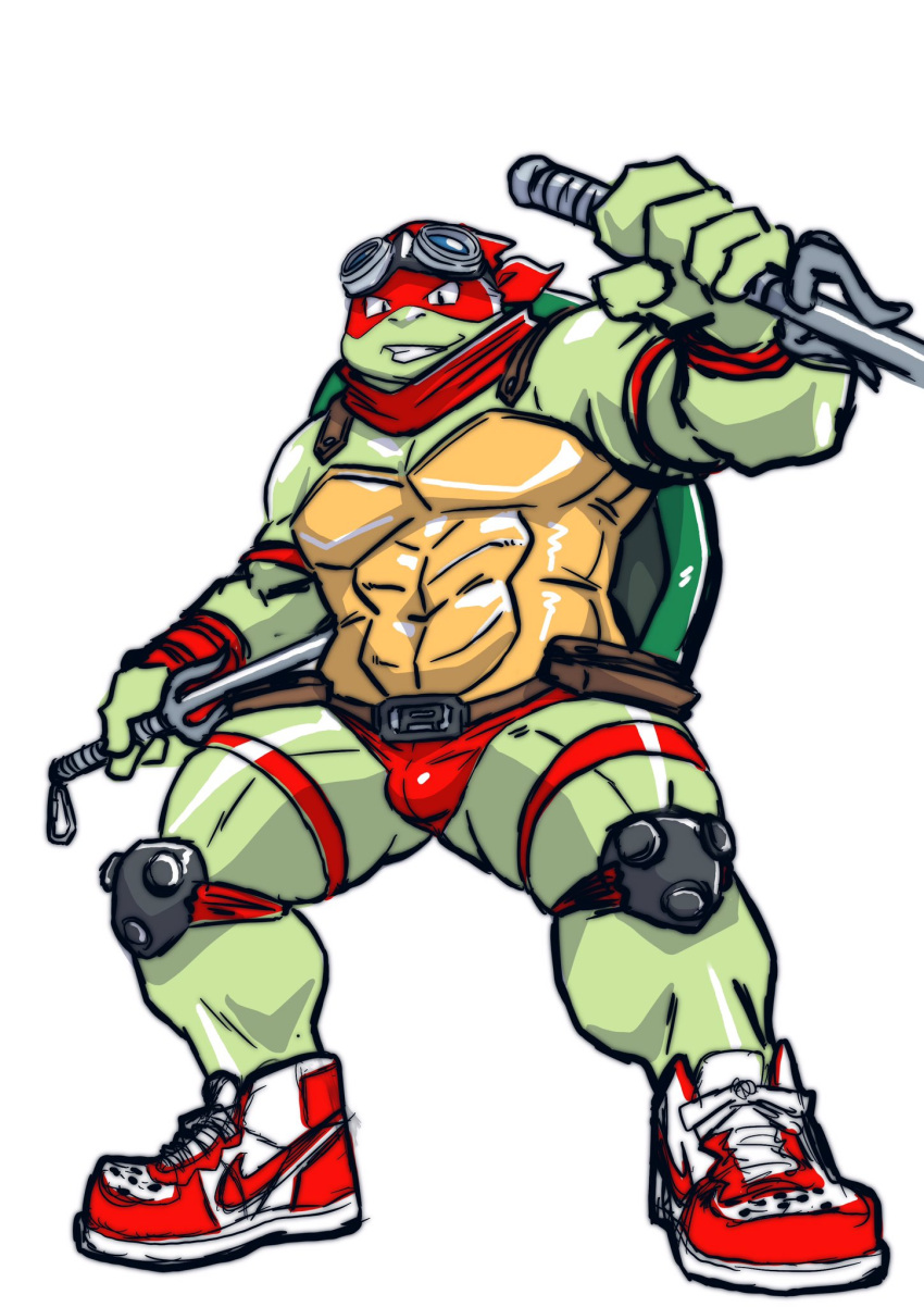 abs anthro belt bulge clothing eyewear footwear goggles grin hi_res male muscular muscular_anthro muscular_male pecs raozone raphael_(tmnt) red_clothing reptile sais scalie scarf shoes smile sneakers solo teenage_mutant_ninja_turtles thong turtle underwear