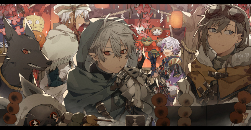 4boys ahoge armor black_gloves brown_hair cape capelet character_request clawed_gauntlets dango dog dou ear_piercing earrings flower food fuwa_minato gloves goggles goggles_on_head grey_eyes hair_between_eyes hood hooded_cape ibrahim_(nijisanji) japanese_armor jewelry kanae_(nijisanji) kiragera kote kuzuha_(nijisanji) lantern mask mole mole_under_eye multicolored_hair multiple_boys nijisanji open_mouth piercing pointy_ears purple_eyes purple_hair red_eyes red_hair rope shimenawa short_hair shoulder_armor smile sode streaked_hair tree virtual_youtuber wagashi white_hair