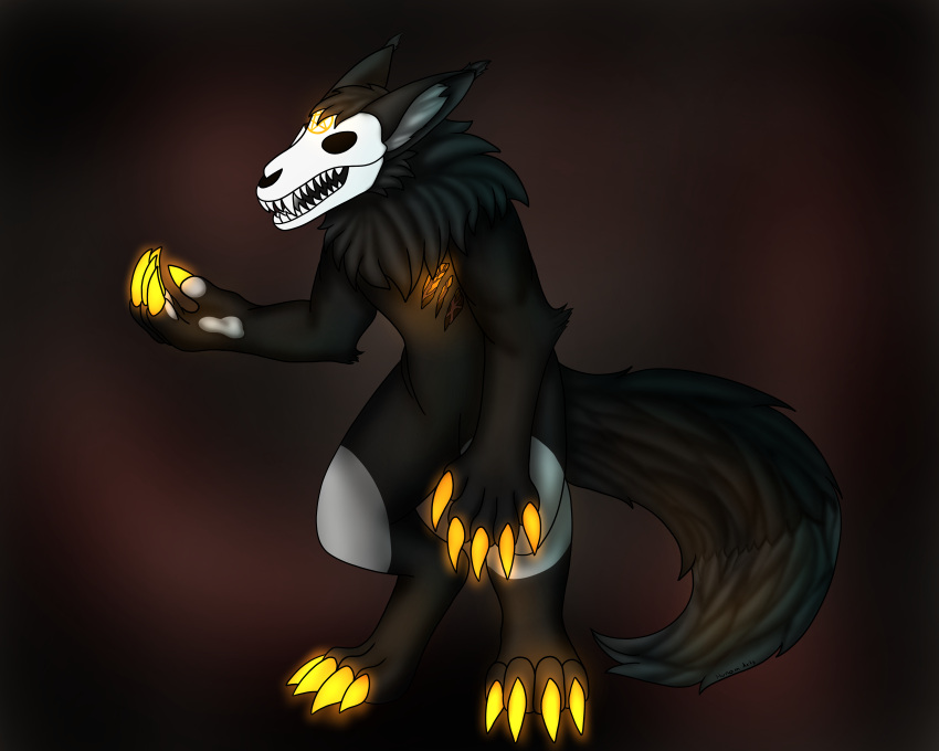 absurd_res anthro bone claws exposed_heart fluffy fur fur_markings glowing glowing_claws hi_res hunamarts markings neck_tuft pentagram skull skull_head skulldog_(species) solo tail teeth tuft