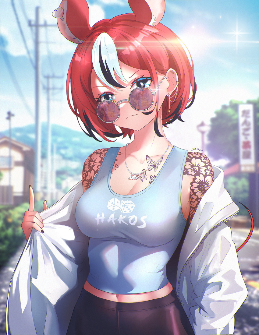 1girl animal_ears black_hair black_nails blue_eyes breasts butterfly_tattoo chest_tattoo ear_piercing earrings english_commentary flower_tattoo hakos_baelz highres hololive hololive_english jacket jewelry lens_flare looking_at_viewer medium_breasts midriff mouse_ears mouse_girl mouse_tail multicolored_hair nail_polish navel necklace off_shoulder pants piercing red_hair round_eyewear shoulder_tattoo sk_jynx solo sunglasses tail tank_top tattoo virtual_youtuber white_hair white_jacket yoga_pants