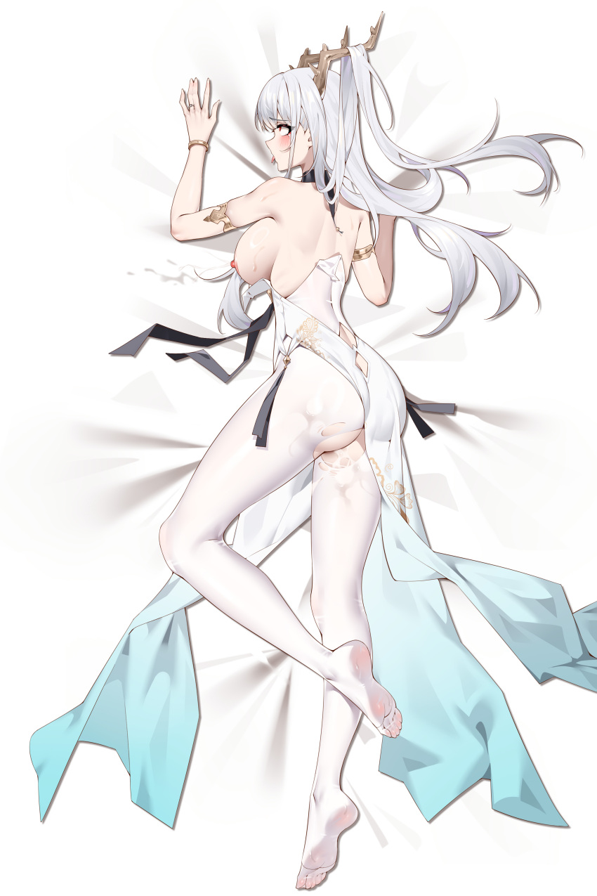 1girl absurdres azur_lane bare_back bracelet breasts cum cum_in_pussy dakimakura_(medium) dragon_girl dragon_horns dress feet female_orgasm hair_on_horn highres horns jewelry long_hair looking_at_viewer looking_back nipples no_bra orgasm red_eyes ring shimanto_(azur_lane) sideboob skirt soles thighhighs torn_clothes torn_thighhighs white_dress white_hair white_skirt white_thighhighs wsfw