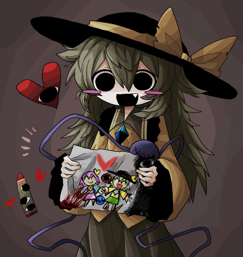 black_eyes black_headwear blood blood_on_paper blood_stain blue_shirt blush blush_stickers buttons crayon diamond_(shape) diamond_button drawing empty_eyes extra_eyes fang fang_out frilled_shirt frilled_shirt_collar frilled_sleeves frills green_hair green_skirt hair_between_eyes hair_ornament hat hat_ribbon heart heart_button heart_hair_ornament highres holding holding_paper komeiji_koishi komeiji_satori long_hair long_sleeves open_mouth paper pink_hair pink_skirt ribbon shirt siblings simple_background sisters skirt sleeves_past_wrists stitched_eye stitches third_eye torn_clothes torn_paper torn_ribbon touhou yellow_ribbon yellow_shirt zunusama