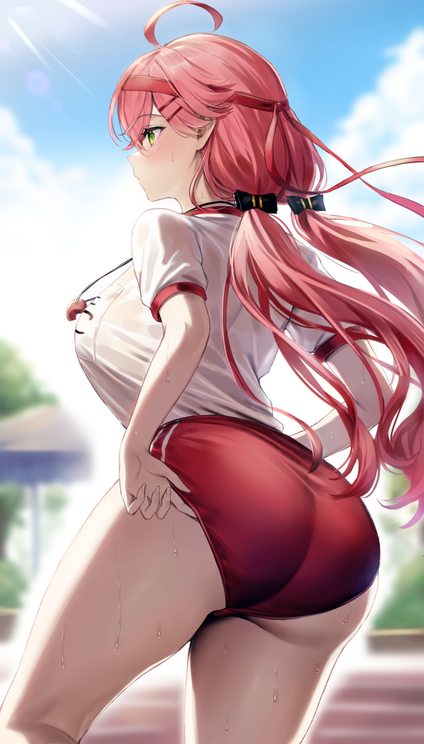 1girl ahoge ass blue_sky blush breasts buruma cloud garigari green_eyes gym_uniform hair_ornament hairpin headband highres hololive large_breasts long_hair pink_hair red_buruma red_headband sakura_miko shirt sky twintails virtual_youtuber whistle whistle_around_neck white_shirt