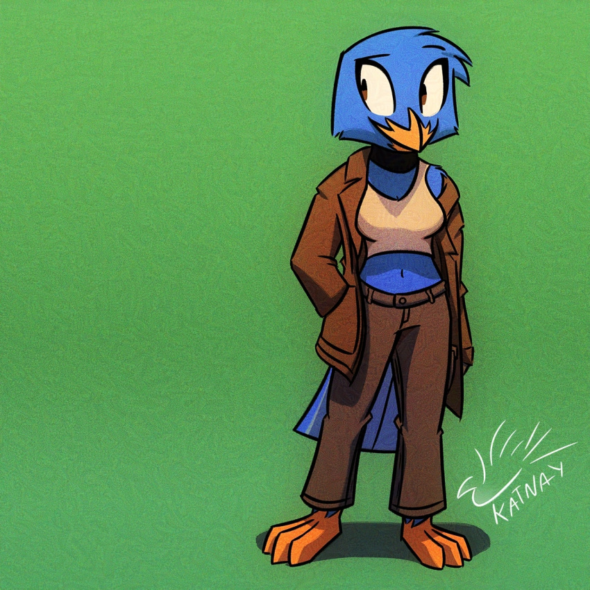 anthro avian barefoot beak big_breasts bird blue_body blue_feathers bottomwear breasts brown_eyes choker cleavage clothed clothing crop_top feathers feet finch gradient_background hand_in_pocket hi_res jacket jewelry katnay male midriff navel necklace oscine pants passerine pockets shirt simple_background smile solo standing tail_feathers talons topwear worn_down_children zara_(katnay)