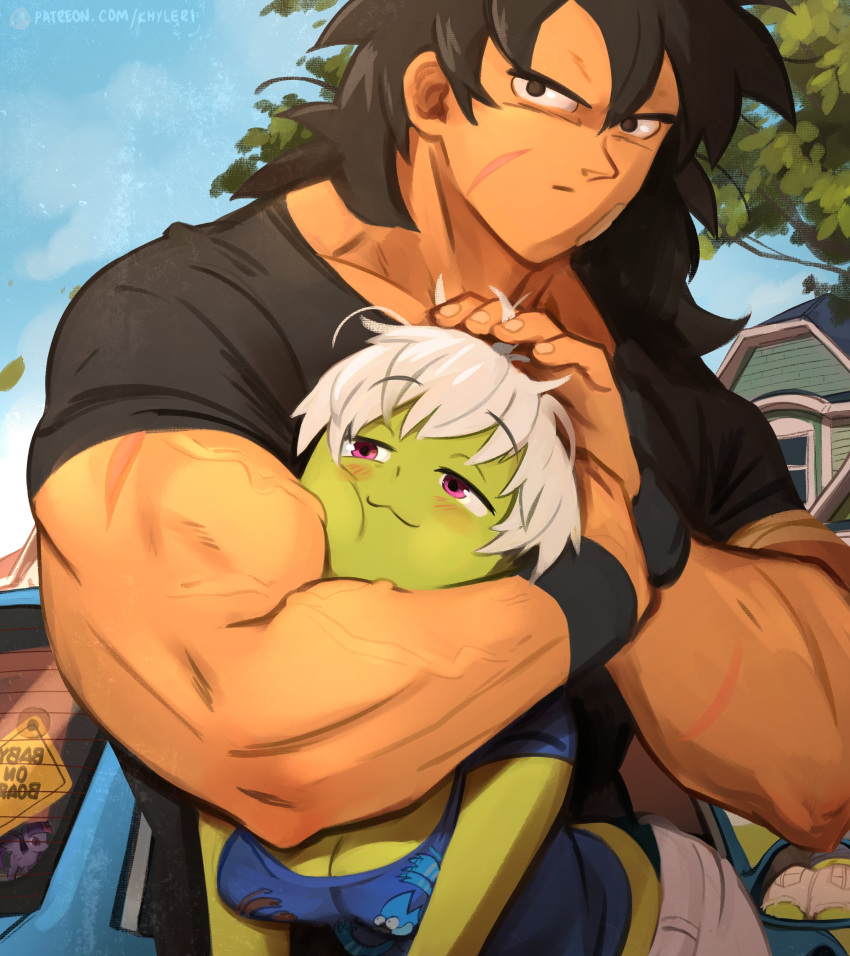 1boy 1girl :3 absurdres ass bandaid bandaid_on_face black_shirt blush breasts broly_(dragon_ball_super) car casual cheelai cleavage collarbone colored_skin day dragon_ball dragon_ball_super dragon_ball_super_broly green_skin grey_hair hair_between_eyes highres house khyle. large_breasts long_hair looking_at_viewer mirror mordecai_(regular_show) motor_vehicle muscular muscular_male my_little_pony outdoors pink_eyes regular_show rigby shirt short_hair smile twilight_sparkle veins veiny_arms web_address